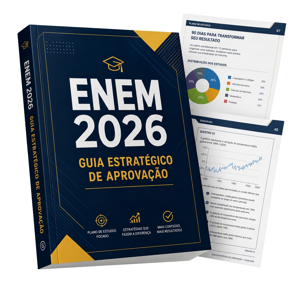 Mockup do Guia Estratégico de Aprovação — ENEM 2026, com páginas internas de questões e plano de estudos
